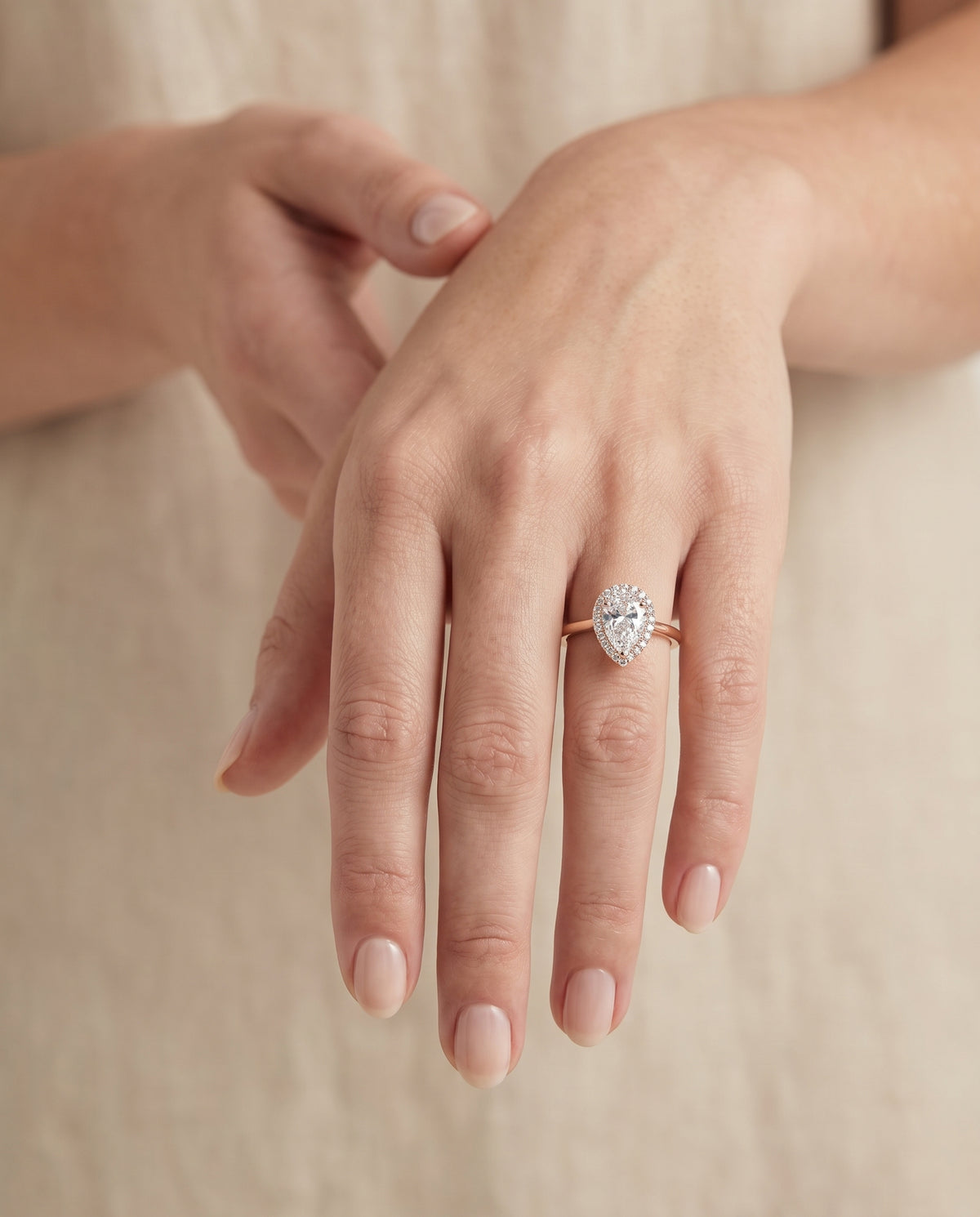 The Etta Classic Shared Prong Halo Pear Engagement Ring Setting in 14K Rose Gold