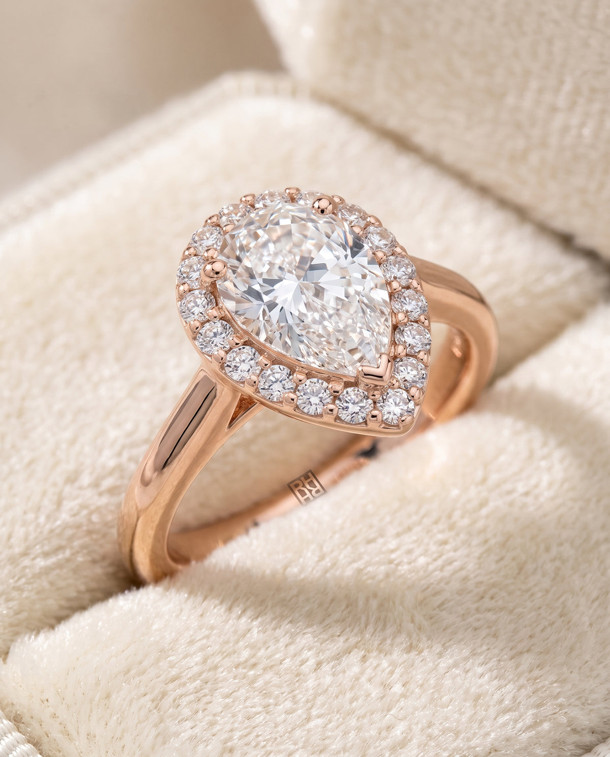 The Etta Classic Shared Prong Halo Pear Engagement Ring Setting in 14K Rose Gold