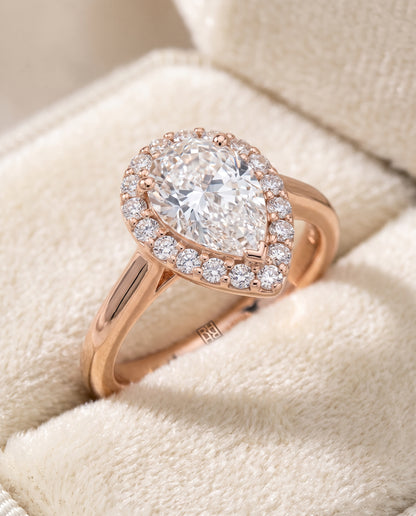 The Etta Classic Shared Prong Halo Pear Engagement Ring Setting in 14K Rose Gold