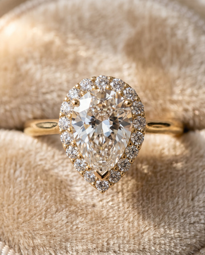 The Etta Classic Shared Prong Halo Pear Engagement Ring Setting in 18K Yellow Gold
