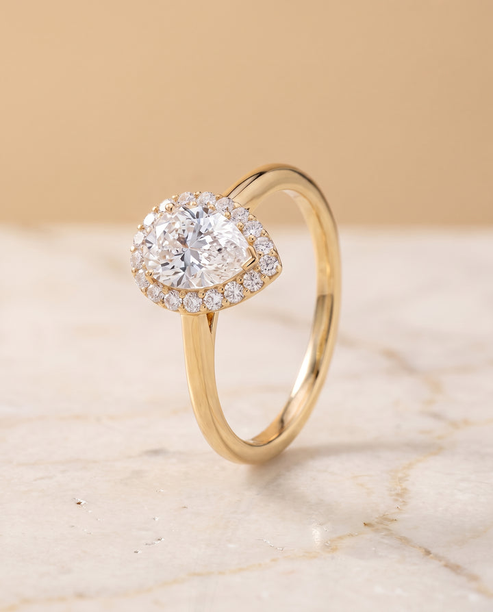 The Etta Classic Shared Prong Halo Pear Engagement Ring Setting in 18K Yellow Gold