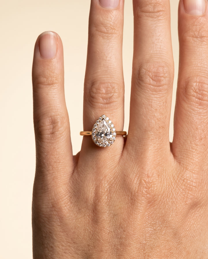 The Etta Classic Shared Prong Halo Pear Engagement Ring Setting in 18K Yellow Gold