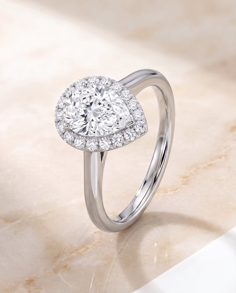 The Etta Classic Shared Prong Halo Pear Engagement Ring Setting in Platinum