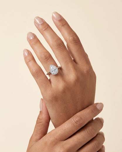 The Etta Classic Shared Prong Halo Pear Engagement Ring Setting in 18K White Gold