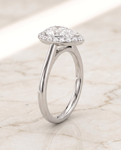 The Etta Classic Shared Prong Halo Pear Engagement Ring Setting in 18K White Gold