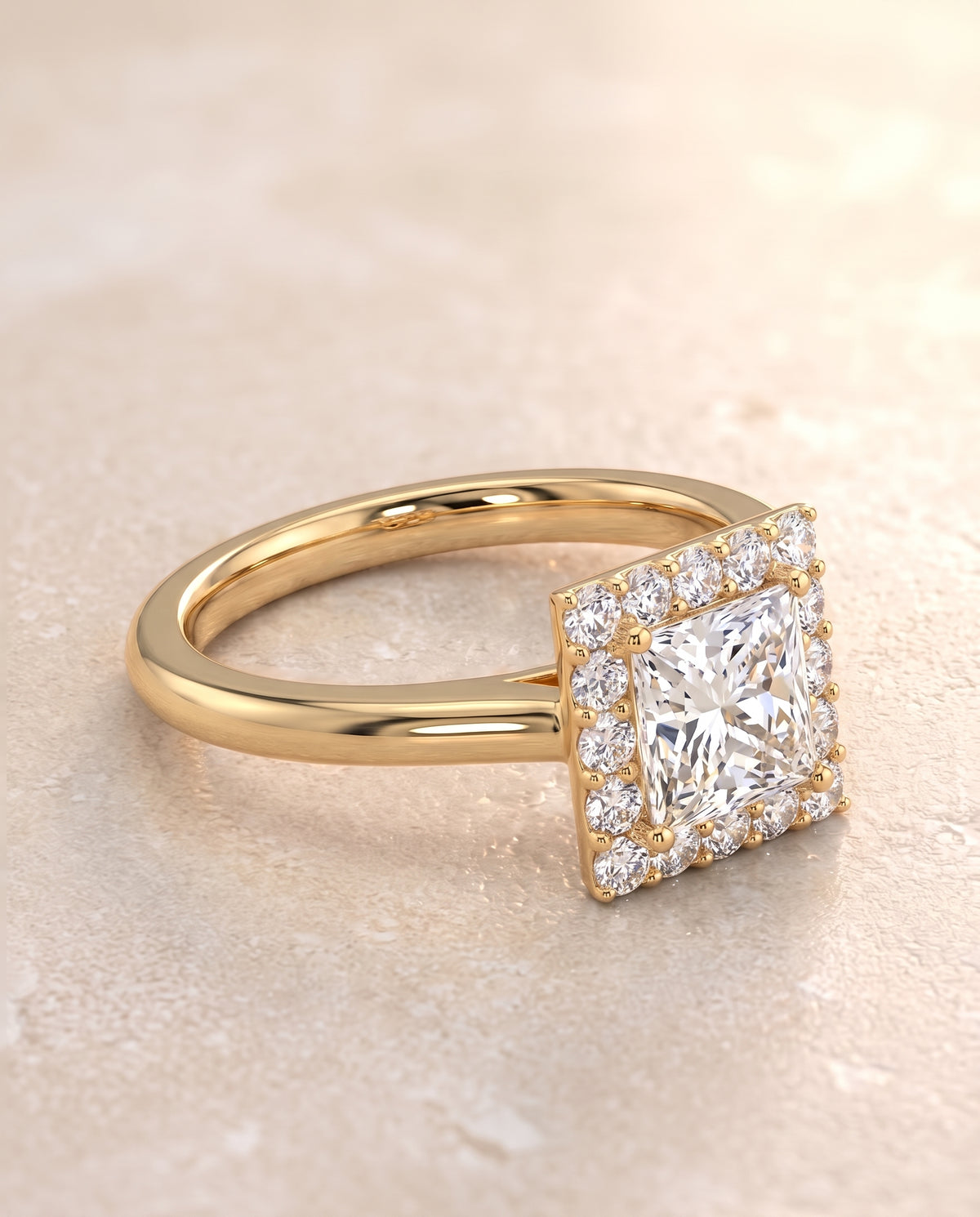 The Etta Classic Shared Prong Halo Princess Cut Engagement Ring Setting in 18K Yellow Gold