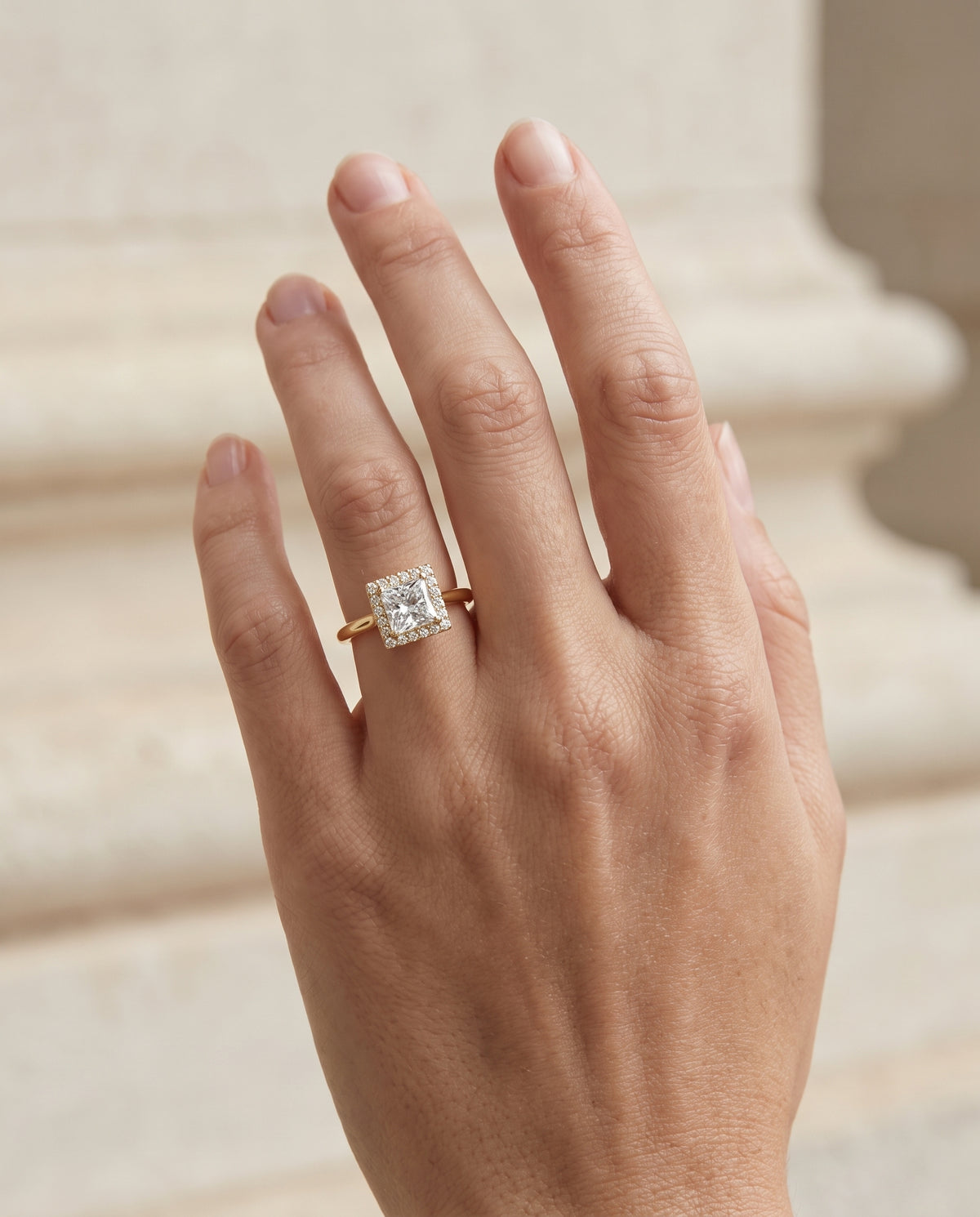The Etta Classic Shared Prong Halo Princess Cut Engagement Ring Setting in 18K Yellow Gold