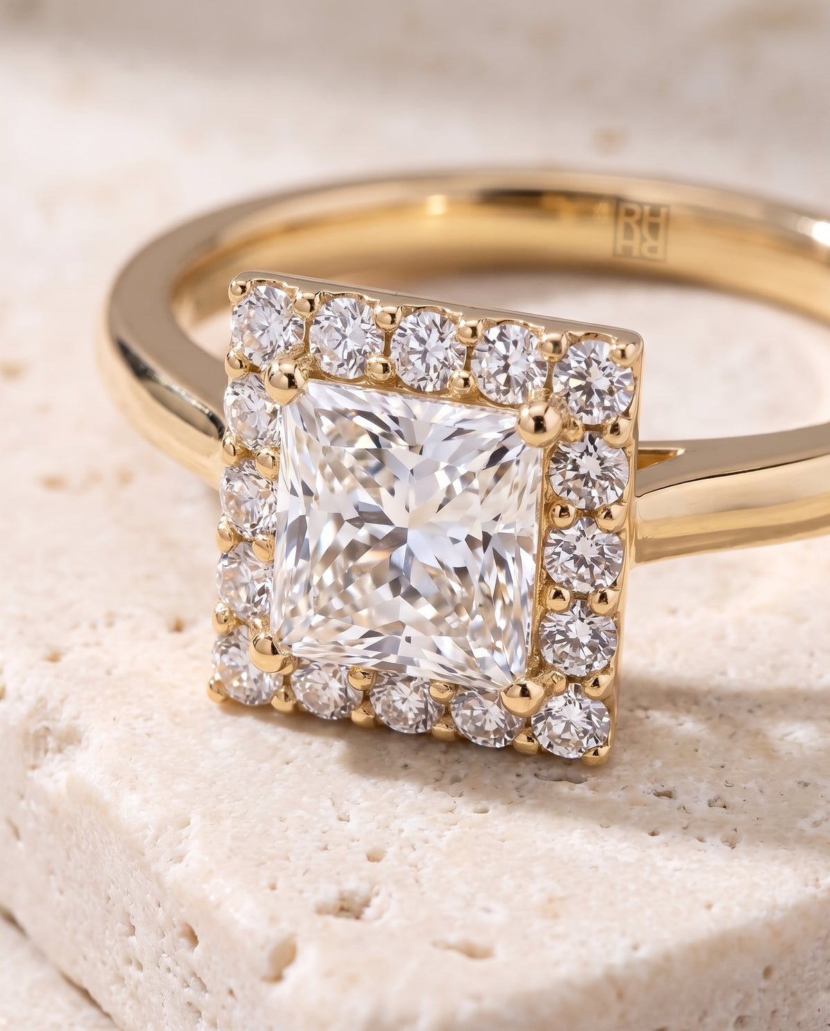 The Etta Classic Shared Prong Halo Princess Cut Engagement Ring Setting in 18K Yellow Gold