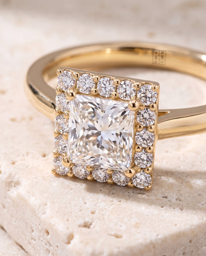 The Etta Classic Shared Prong Halo Princess Cut Engagement Ring Setting in 18K Yellow Gold