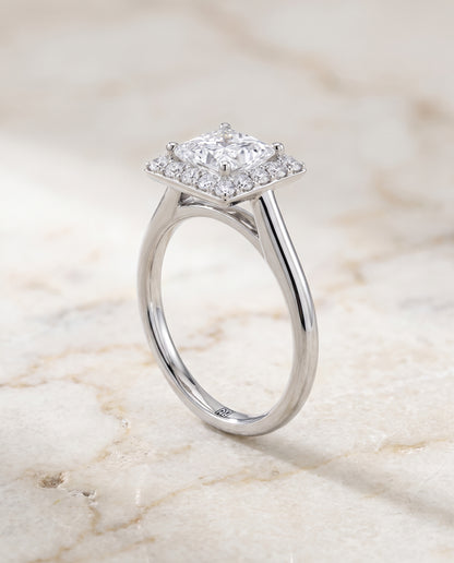 The Etta Classic Shared Prong Halo Princess Cut Engagement Ring Setting in 18K White Gold