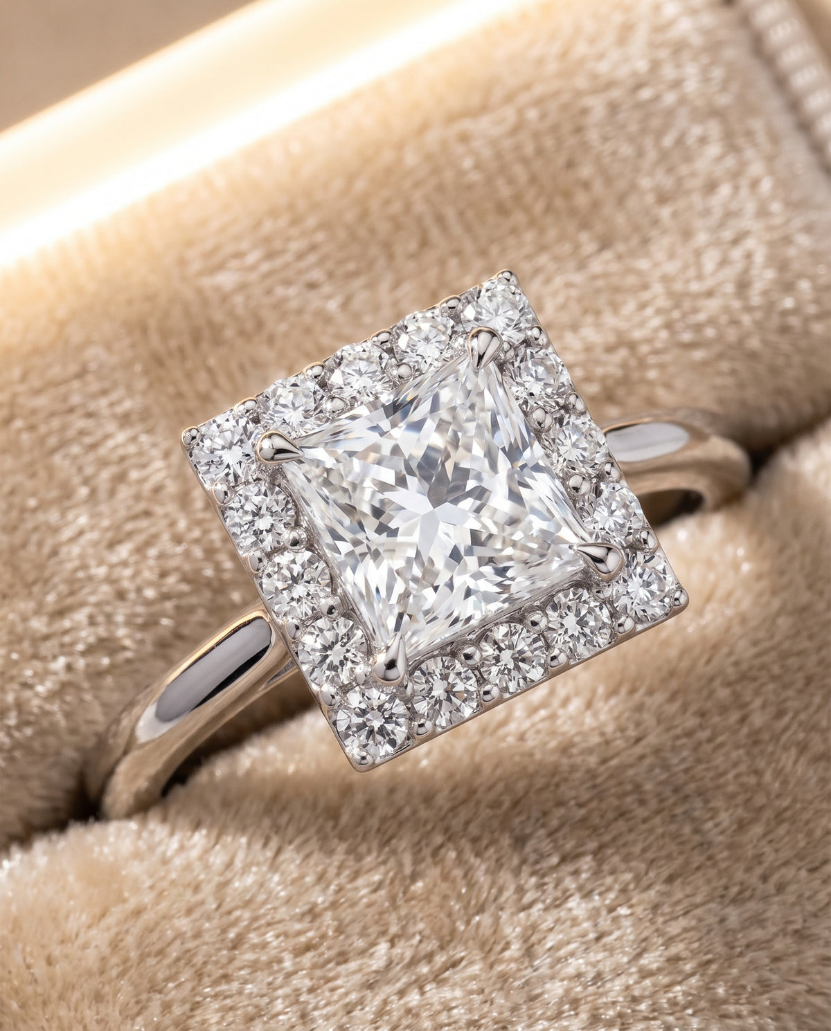 The Etta Classic Shared Prong Halo Princess Cut Engagement Ring Setting in 18K White Gold