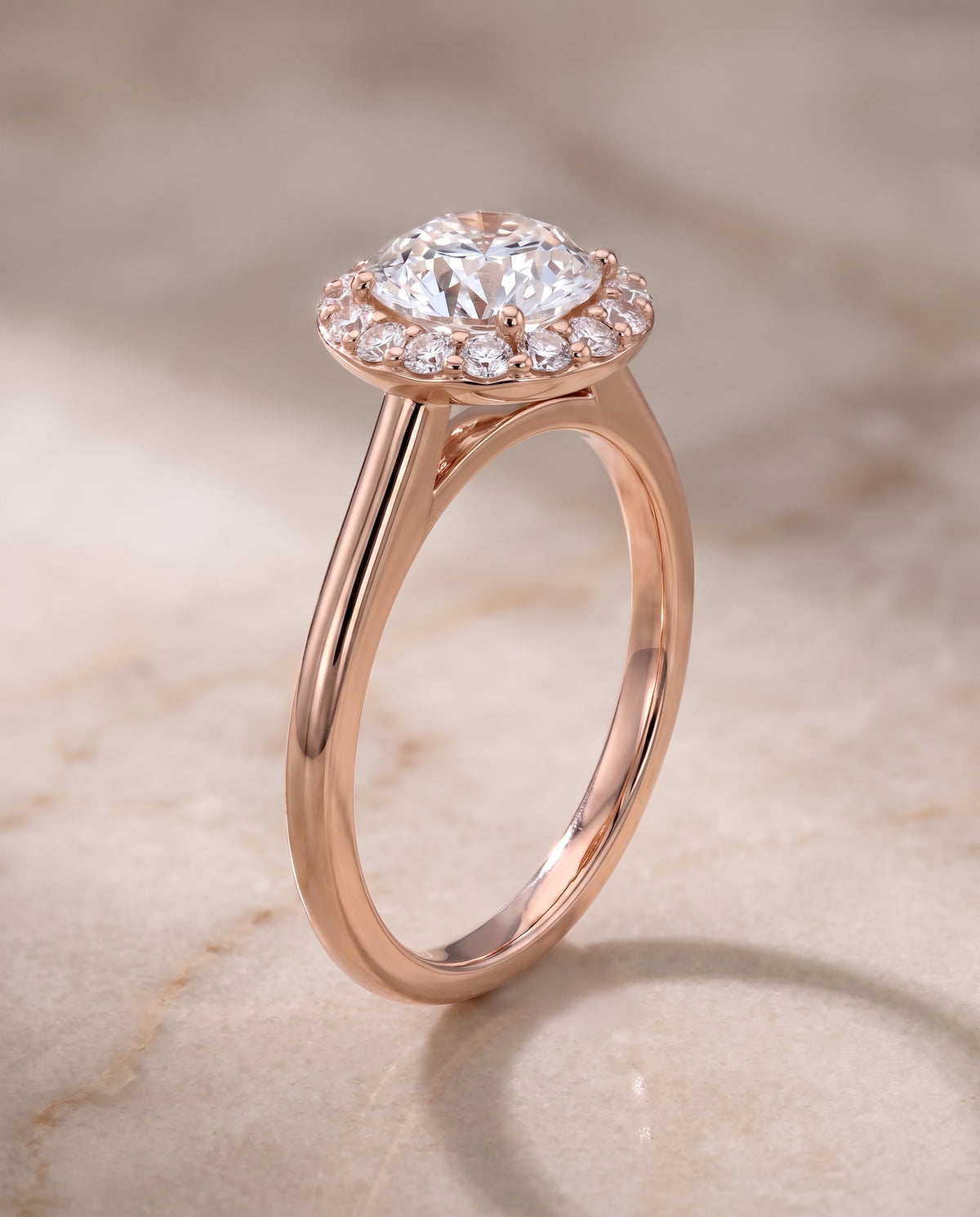 The Etta Classic Shared Prong Halo Round Engagement Ring Setting in 14K Rose Gold