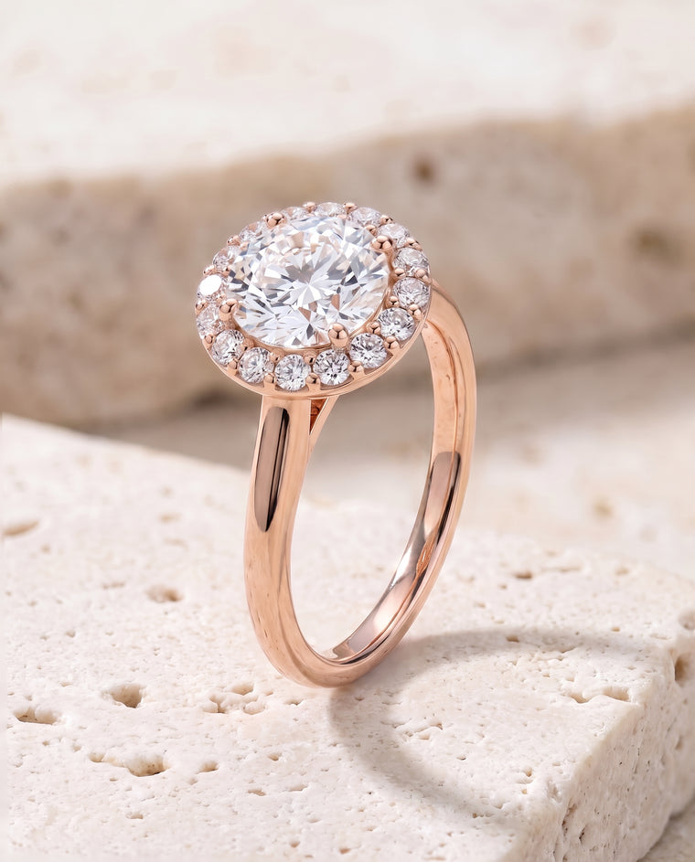 The Etta Classic Shared Prong Halo Round Engagement Ring Setting in 14K Rose Gold