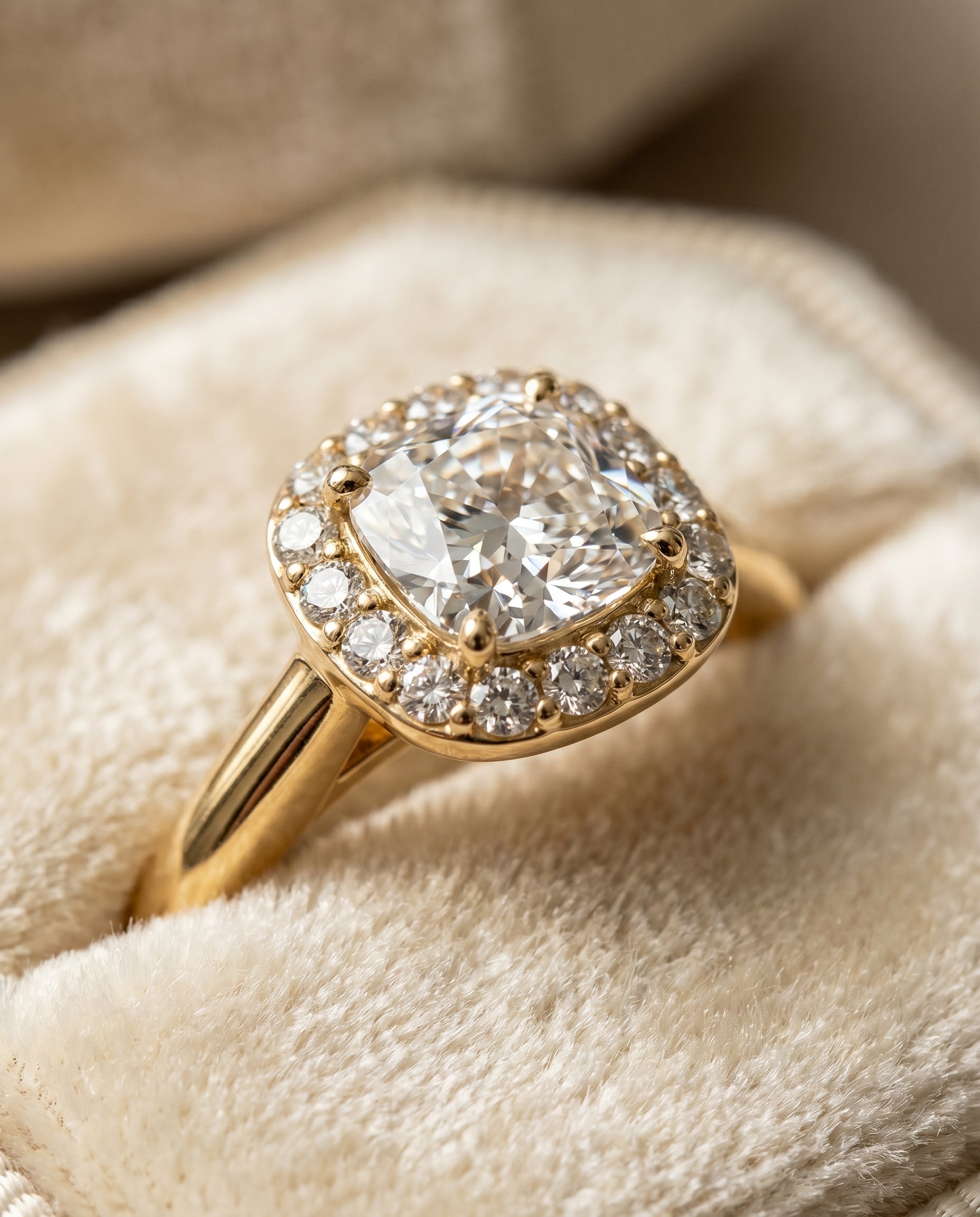 18K Yellow Gold band of The Etta cushion engagement ring setting | RockHer