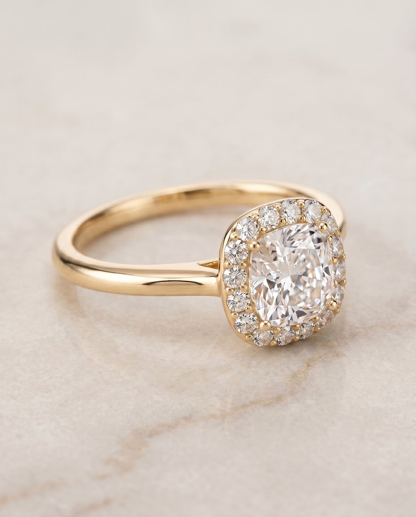 The Etta Classic Shared Prong Halo Cushion Cut Engagement Ring Setting in 18K Yellow Gold