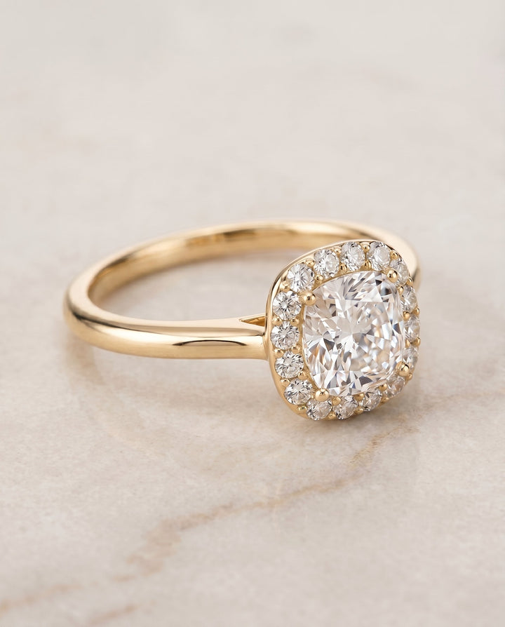 Etta Select Halo Cushion Cut Lab Diamond Engagement Ring in 18K Yellow Gold, shown on hand, angled | RockHer