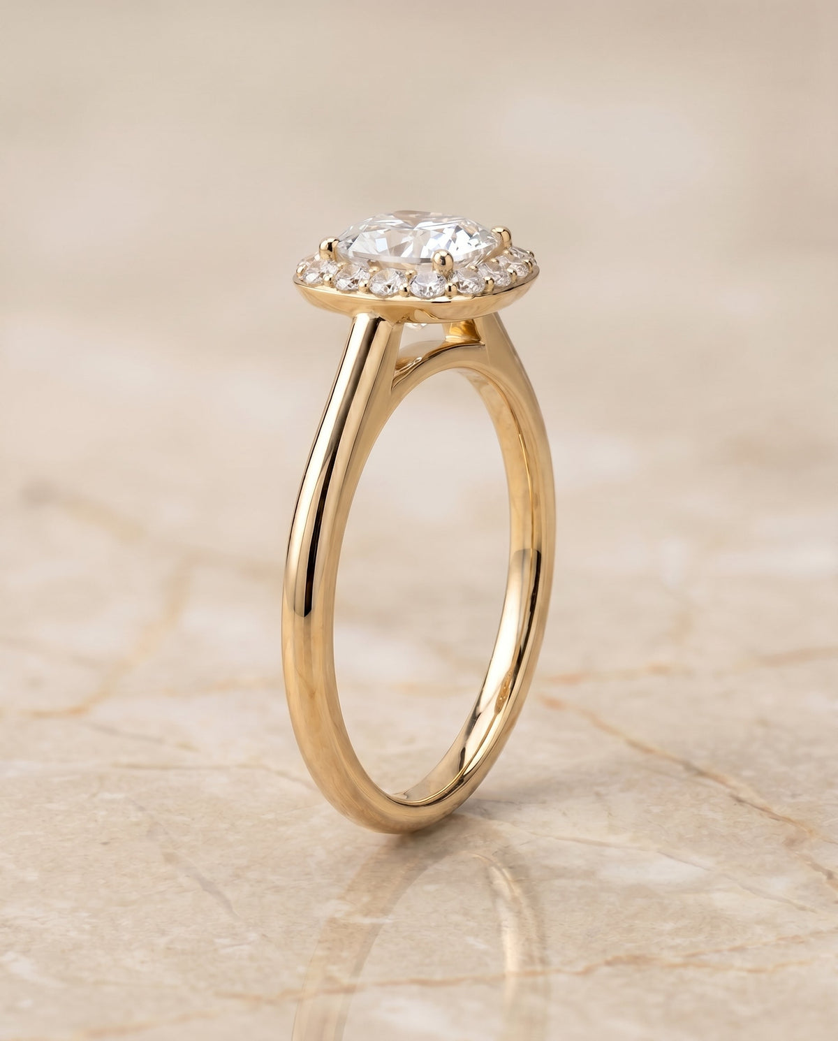 Etta Select Halo Cushion Cut Lab Diamond Engagement Ring in 18K Yellow Gold, side view | RockHer