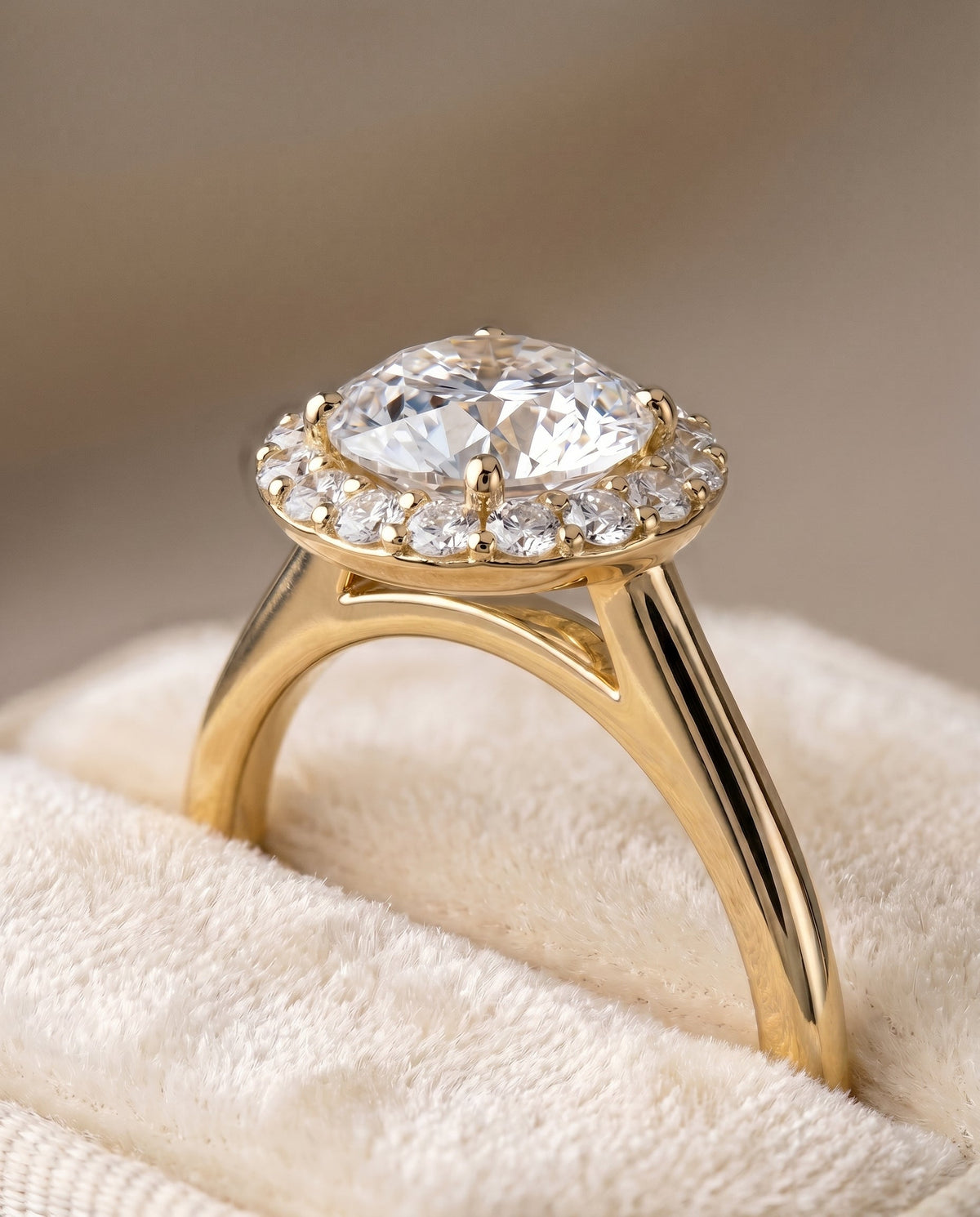 Etta Select Halo Round Lab Diamond Engagement Ring in 18K Yellow Gold, detail view | RockHer