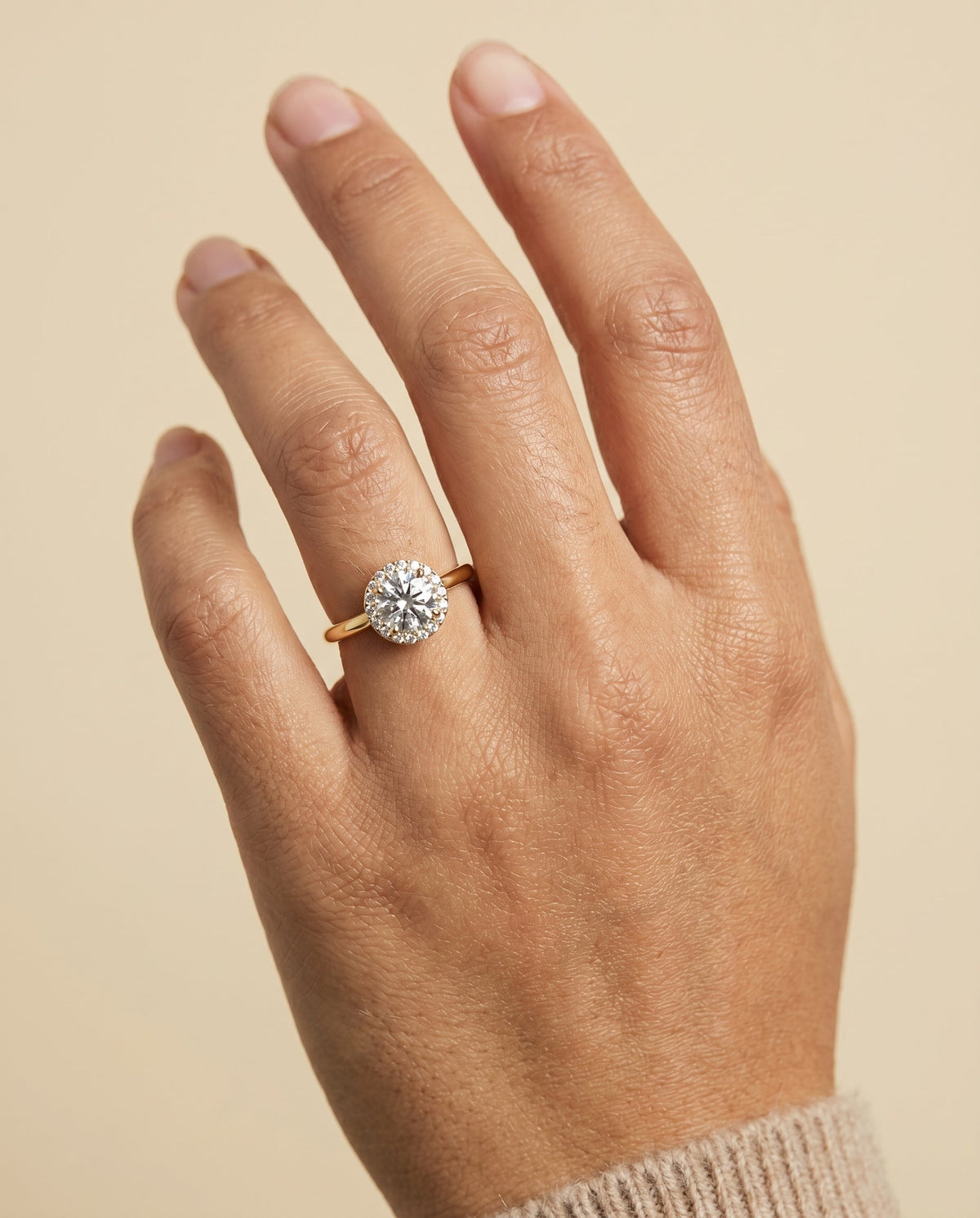 Etta Select Halo Round Lab Diamond Engagement Ring in 18K Yellow Gold, shown on hand | RockHer