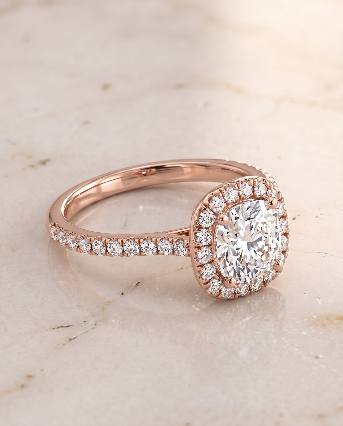 The Everly Classic Shared Prong Halo Cushion Cut Engagement Ring Setting in 14K Rose Gold