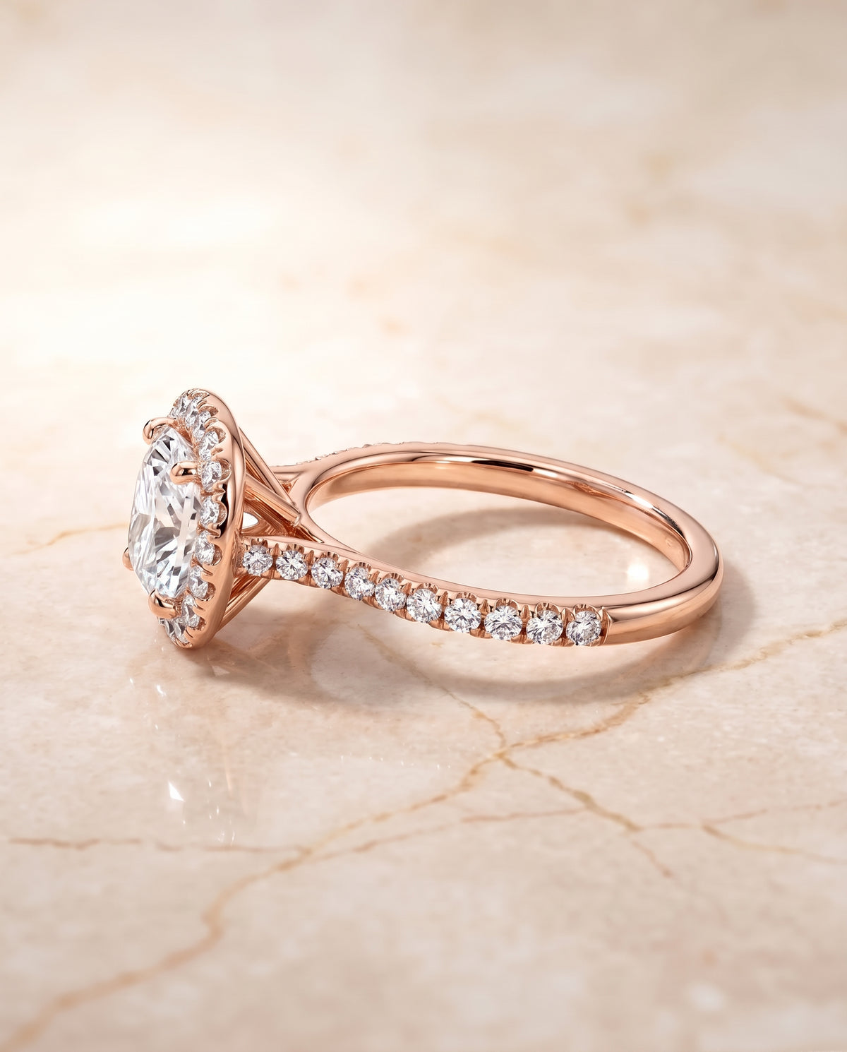 The Everly Classic Shared Prong Halo Cushion Cut Engagement Ring Setting in 14K Rose Gold