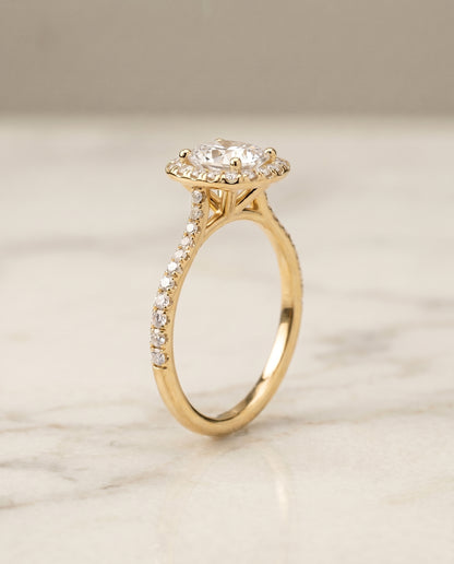 The Everly Classic Shared Prong Halo Cushion Cut Engagement Ring Setting in 18K Yellow Gold