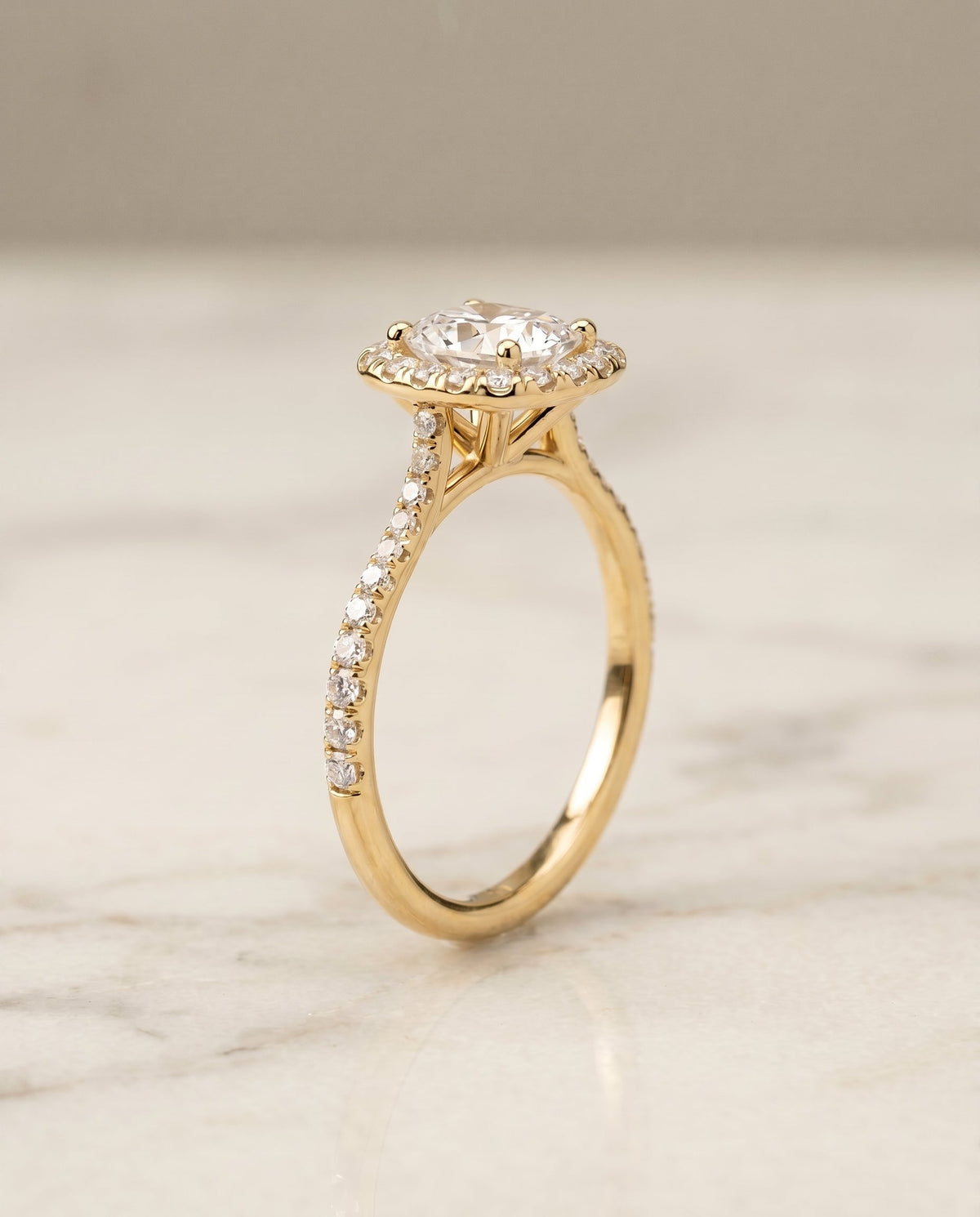 Everly Select Halo Cushion Cut Lab Diamond Engagement Ring in 18K Yellow Gold, front view | RockHer