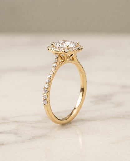 Everly Select Halo Cushion Cut Lab Diamond Engagement Ring in 18K Yellow Gold, front view | RockHer