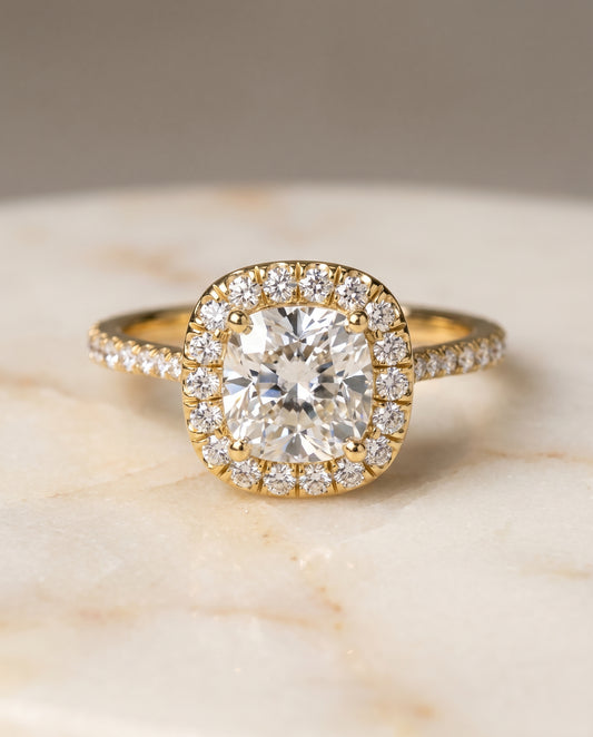 The Everly Halo Engagement Ring Setting for Cushion Diamonds in 18K Yellow Gold