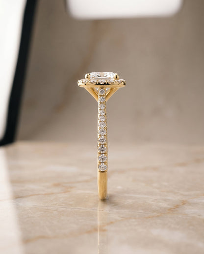 Everly Select Halo Cushion Cut Lab Diamond Engagement Ring in 18K Yellow Gold, side view | RockHer