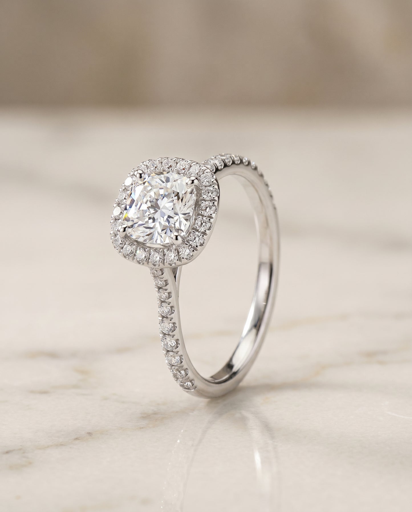 The Everly Classic Shared Prong Halo Cushion Cut Engagement Ring Setting in Platinum