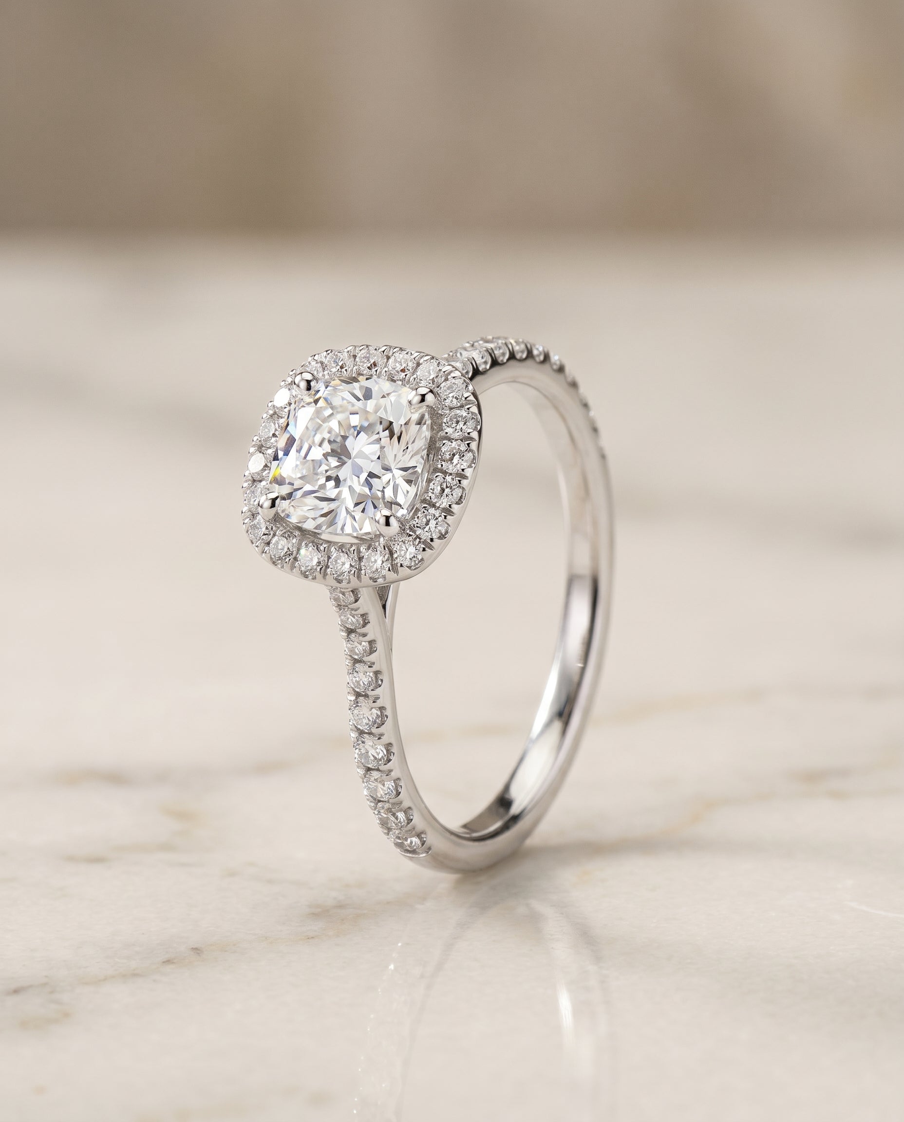 Classic Shared Prong Halo Cut styling on The Everly cushion engagement ring setting | RockHer