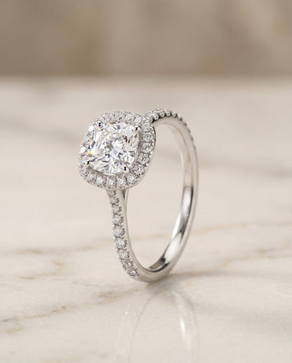 Everly Select Halo Cushion Cut Lab Diamond Engagement Ring in Platinum, front view | RockHer