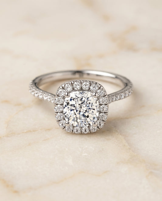 The Everly Classic Shared Prong Halo Cushion Cut Engagement Ring Setting in Platinum