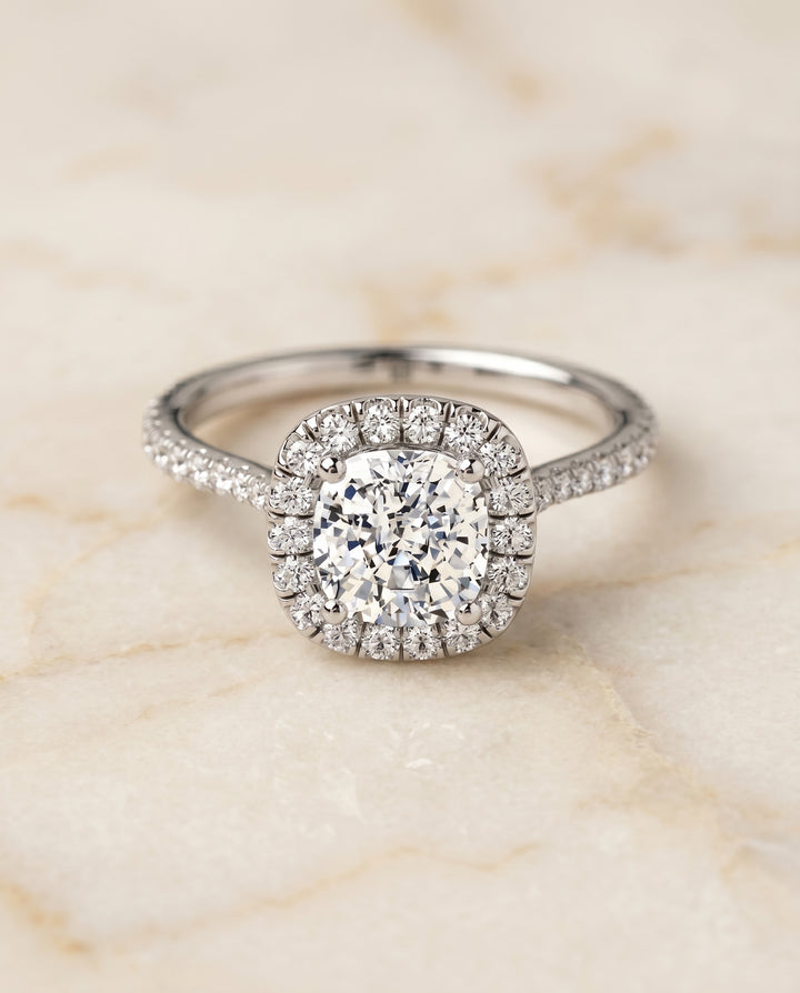 The Everly Classic Shared Prong Halo Cushion Cut Engagement Ring Setting in Platinum