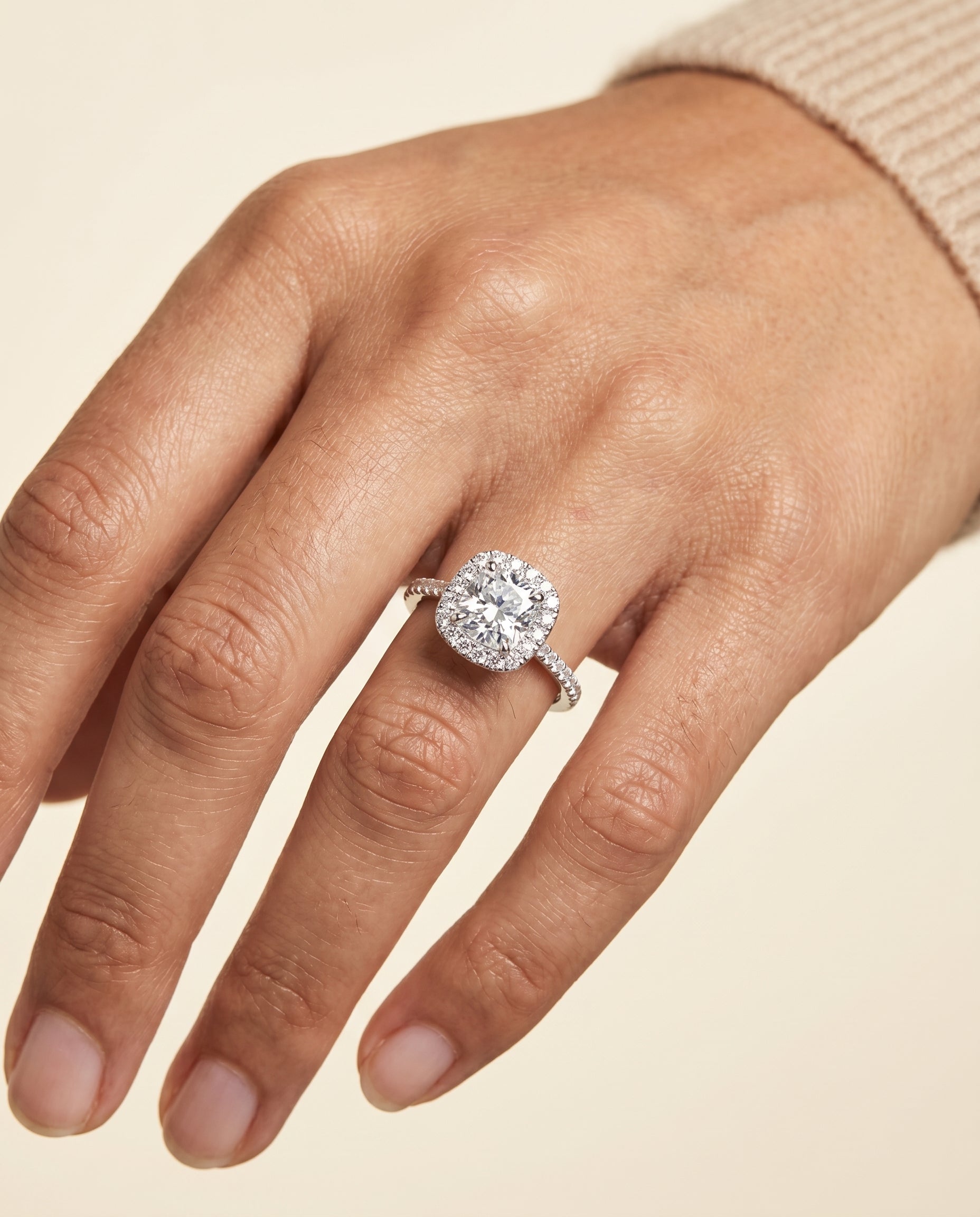 The Everly engagement ring setting in Platinum, classic shared prong halo cut design | RockHer