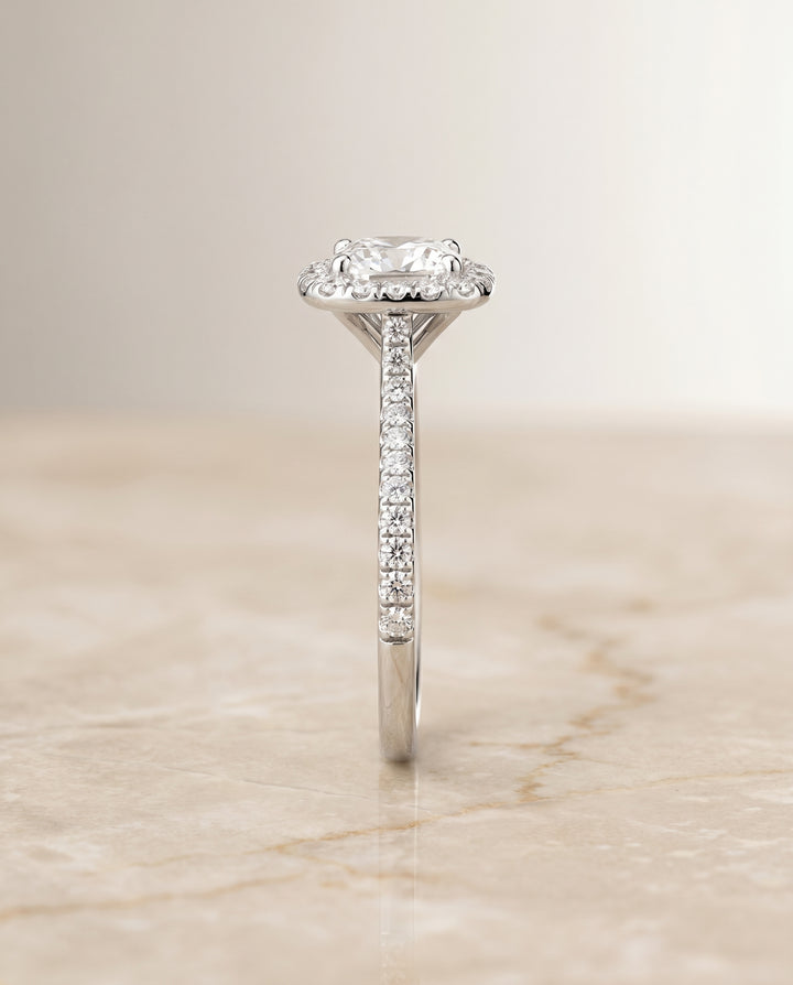 The Everly Classic Shared Prong Halo Cushion Cut Engagement Ring Setting in Platinum