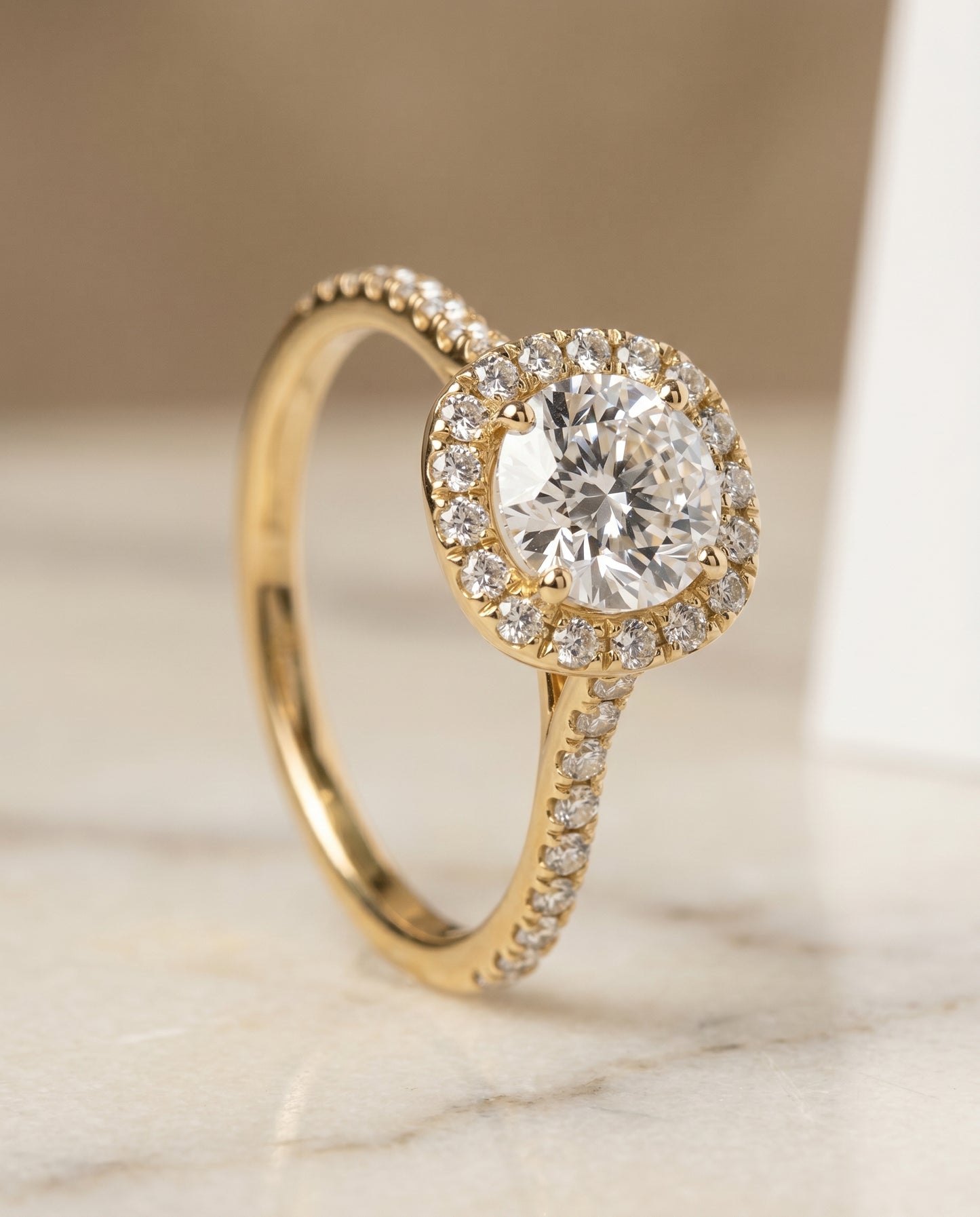 The Everly Classic Shared Prong Halo Round Engagement Ring Setting in 18K Yellow Gold