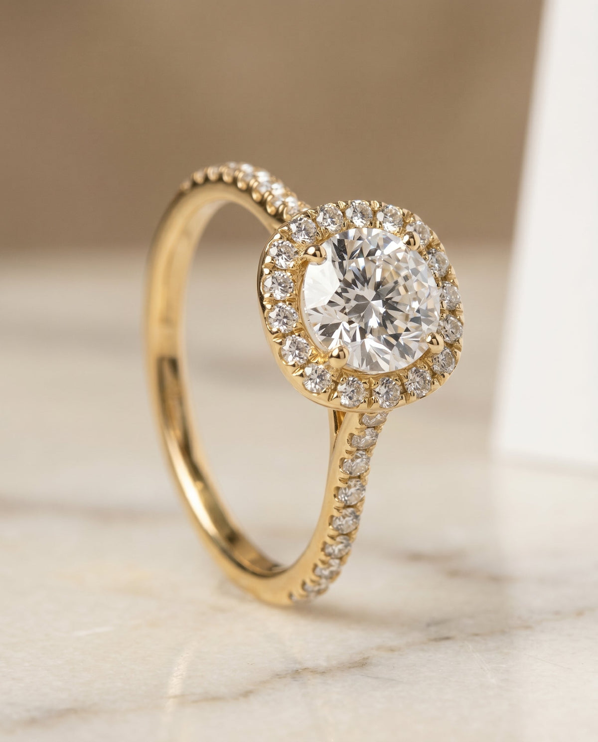 Everly Select Halo Round Lab Diamond Engagement Ring in 18K Yellow Gold, front view | RockHer