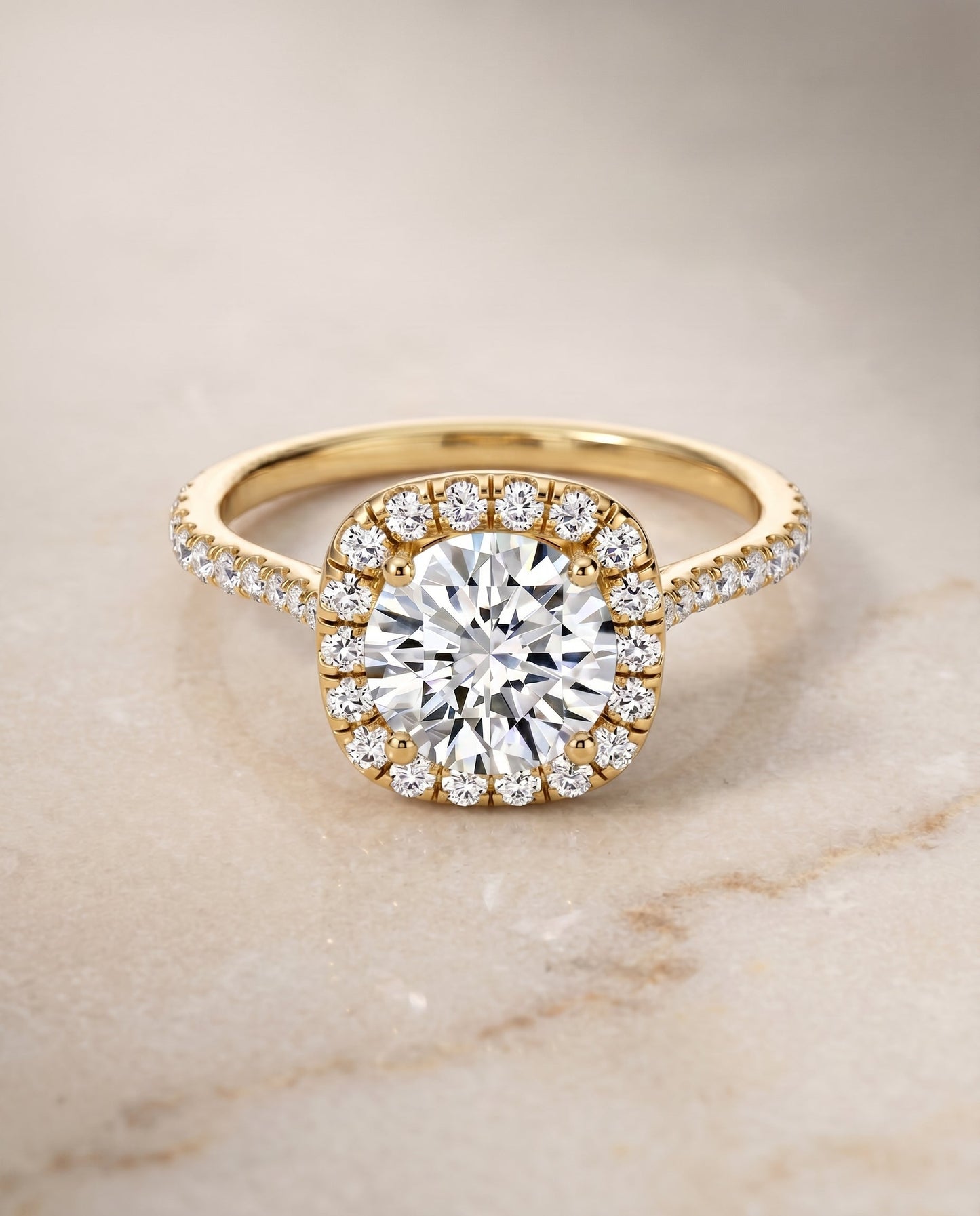 Everly Select Halo Round Lab Diamond Engagement Ring in 18K Yellow Gold, shown on hand, angled | RockHer