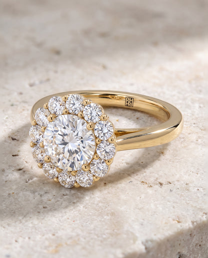 The Faith Floral Prong Halo Round Engagement Ring Setting in 18K Yellow Gold
