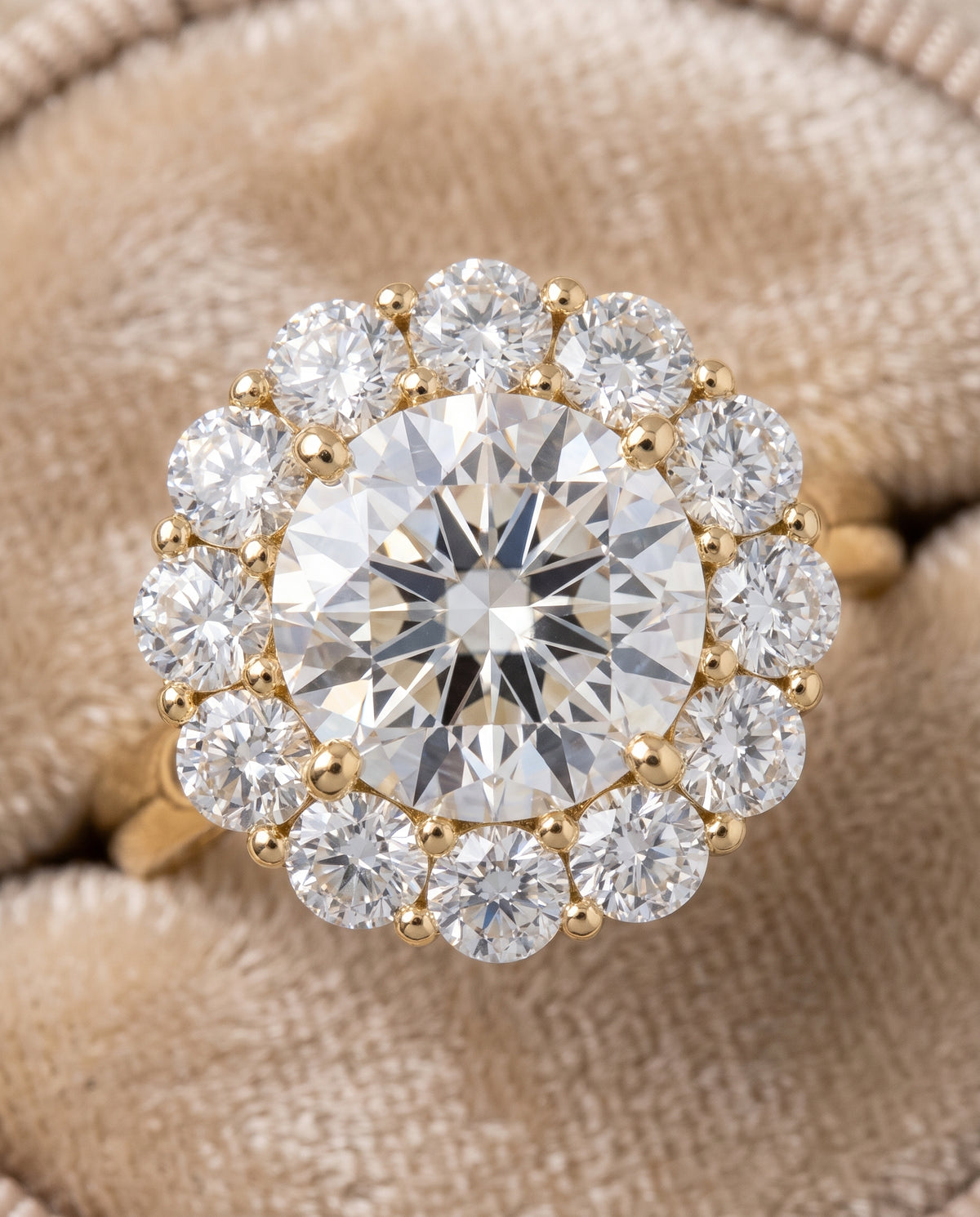 The Faith Floral Prong Halo Round Engagement Ring Setting in 18K Yellow Gold