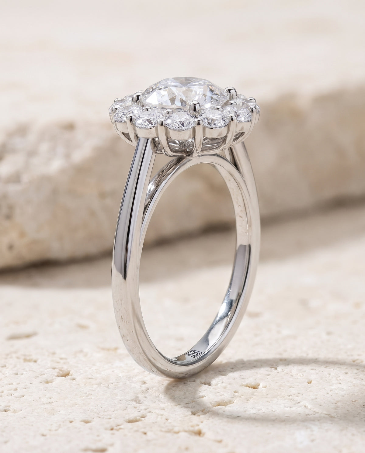 The Faith Floral Prong Halo Round Engagement Ring Setting in Platinum