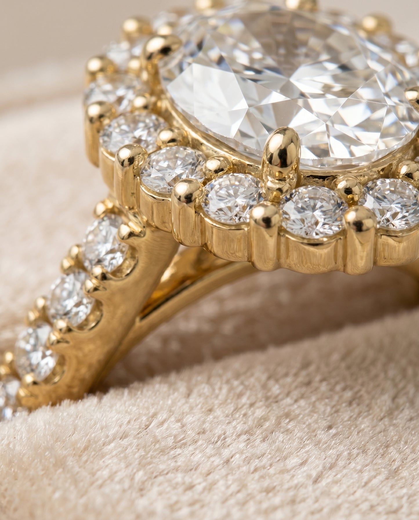 The Fiona Shared Prong Halo Oval Engagement Ring Setting in 18K Yellow Gold