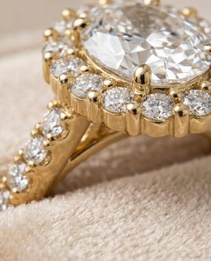 The Fiona Shared Prong Halo Oval Engagement Ring Setting in 18K Yellow Gold