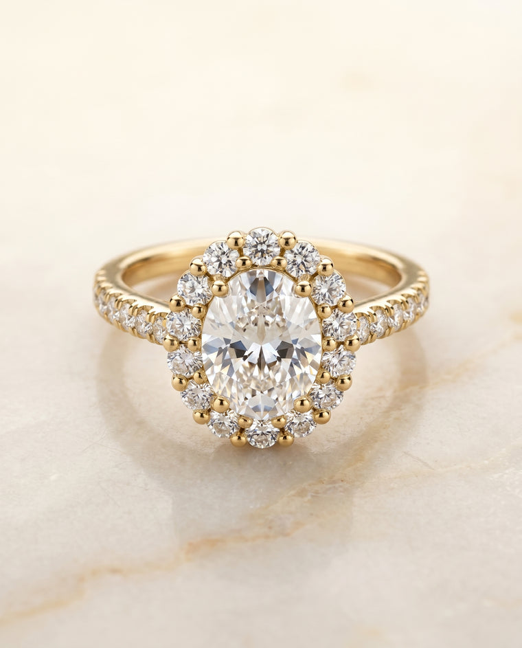 The Fiona Shared Prong Halo Oval Engagement Ring Setting in 18K Yellow Gold