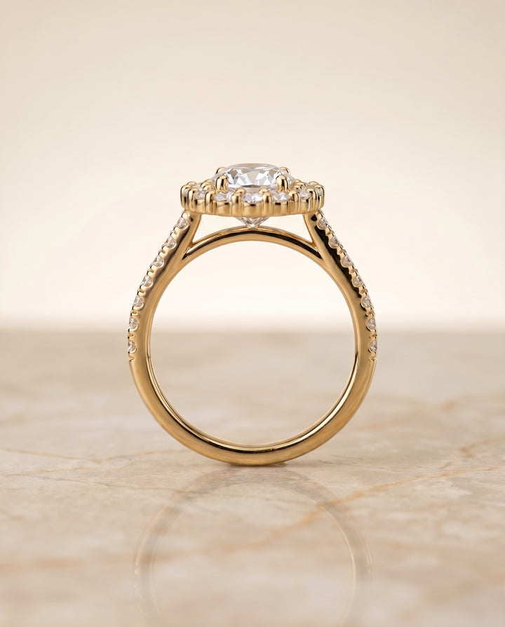 The Fiona Shared Prong Halo Oval Engagement Ring Setting in 18K Yellow Gold