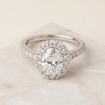 The Fiona Shared Prong Halo Oval Engagement Ring Setting in Platinum