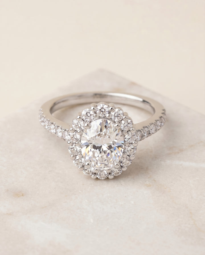 The Fiona Shared Prong Halo Oval Engagement Ring Setting in Platinum