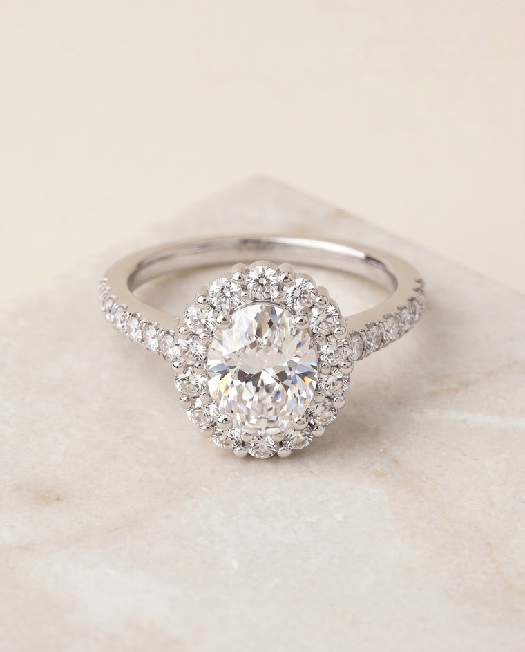 The Fiona Shared Prong Halo Oval Engagement Ring Setting in Platinum